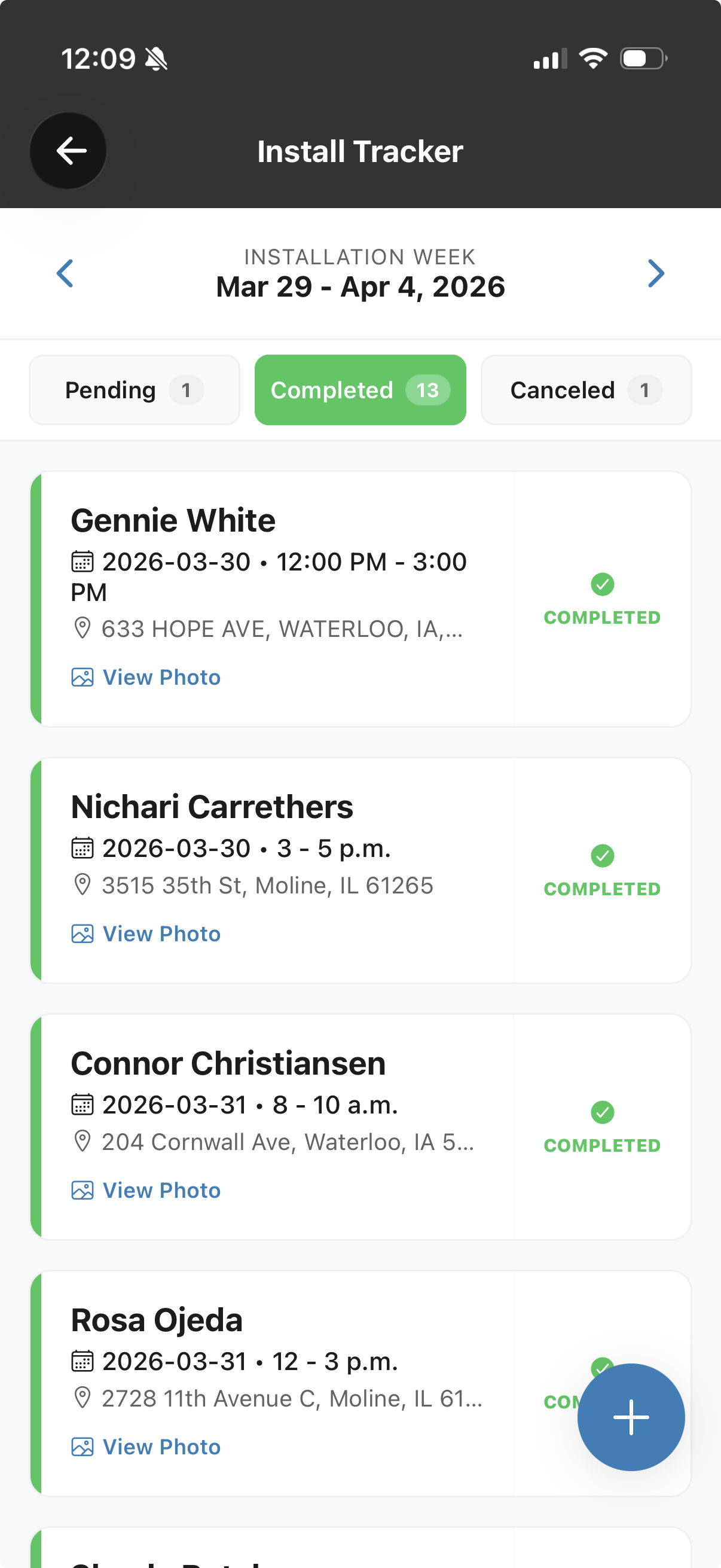 intraq Install Tracker showing completed installs with customer details